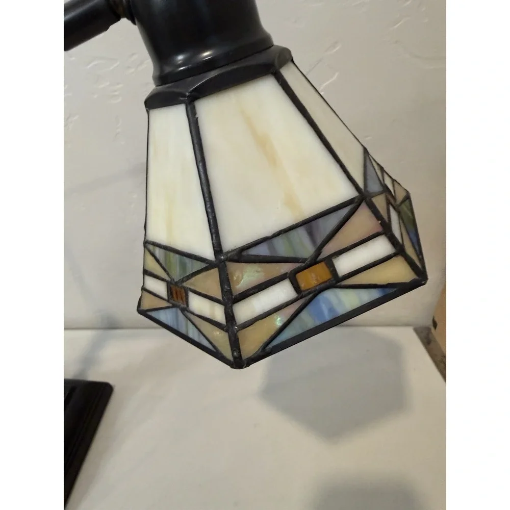 Dale Tiffany Mission Bank Table Lamp Adjustable Desk Light Stained Glass Bronze